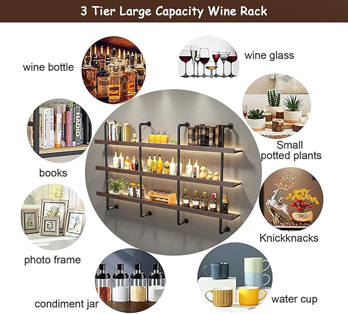 55.1in Large Wine Rack with LED Light Solid Wood Wall Mounted Wine Rack - Image 8