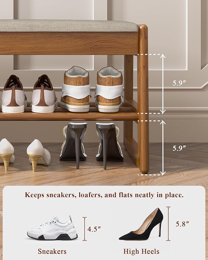 Shoe Rack Bench with Cotton-Linen Cushion 2-Tier Wooden Storage Bench 550lbs - Image 4