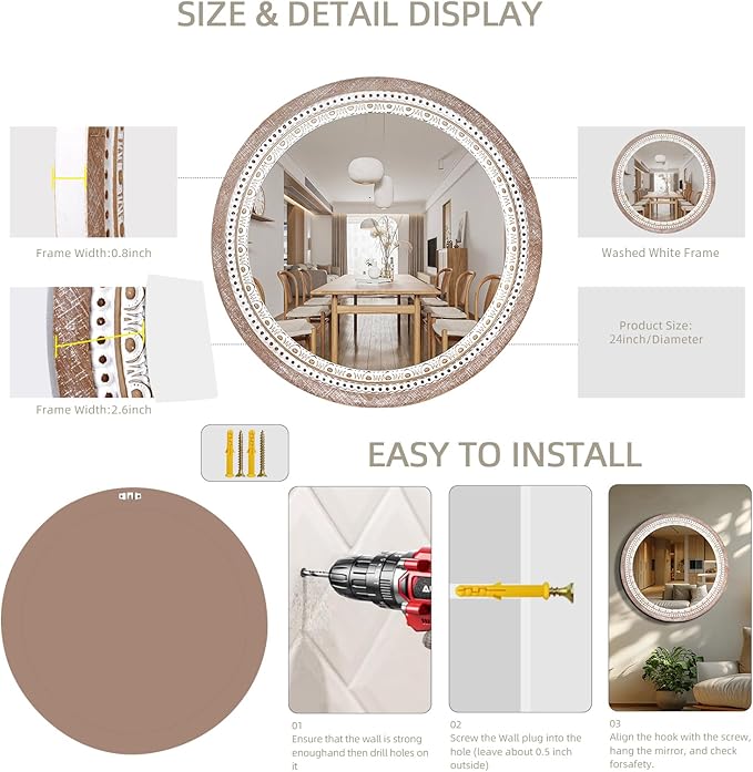 24 Inch Wooden Round Mirror for Wall Decor, Farmhouse Rustic Decorative Circle - Image 7