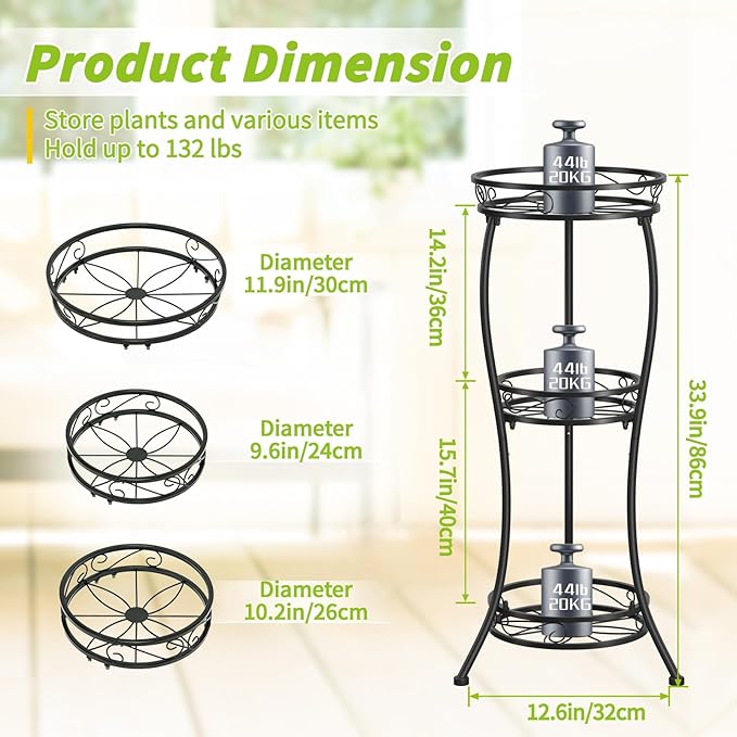 KMOTASUO 3 Tier Tall Metal Plant Stand, 33 Inch Plant Stands Indoor Outdoor - Image 2