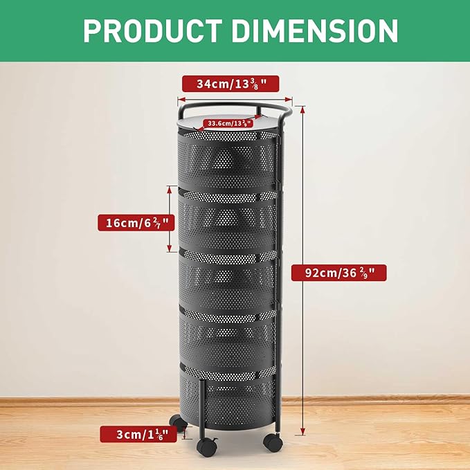 JAQ Rotating Fruit Basket, 5-Tier Metal Sturdy Kitchen Storage Rack Shelf Carts - Image 3