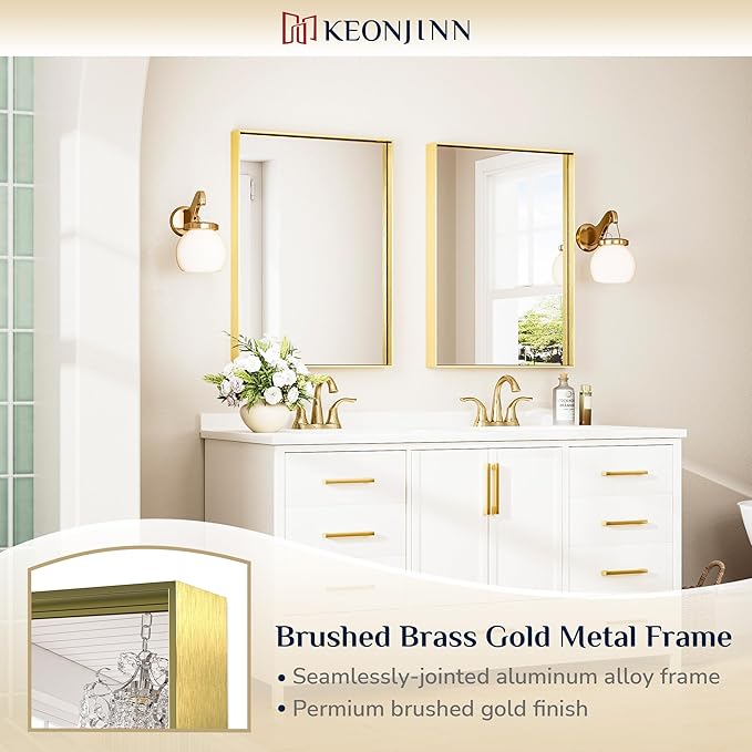 Keonjinn Brushed Shiny Gold Bathroom Mirror 22 x 30 Inch, Rectangle Gold Vanity - Image 6