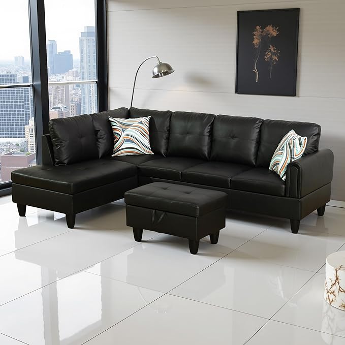 L Shaped Couch Faux Leather Sectional Couch Upholstered 3 Pieces Sofas - Image 4