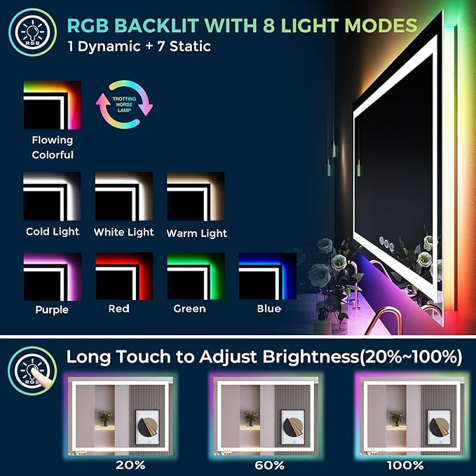 36x30 Inch RGB LED Bathroom Mirror Front Light and RGB Backlit Lighted Vanity - Image 3