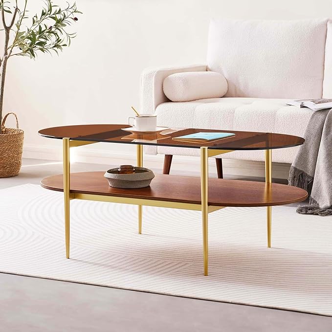 Oval Glass Coffee Table, Mid-Century Modern Design, L41 x W21 x H17 inch - Image 3