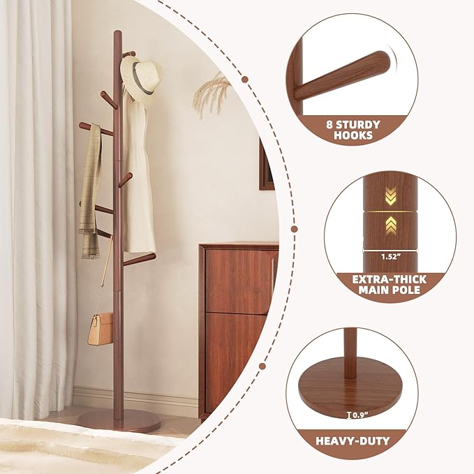 Uniclinens Coat Rack Freestanding Solid Wood Coat Tree Standing - Image 6