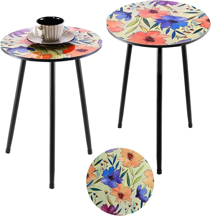 2 Packs Metal Floral Round Side Table 13.2" Small Outdoor Patio Round Accent by Party+Zealot