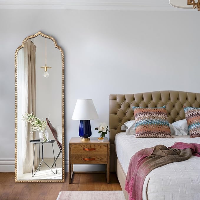 Large Gold Arched Mirror, Metal Beaded Frame Vintage Mirror, Scalloped Full - Image 8