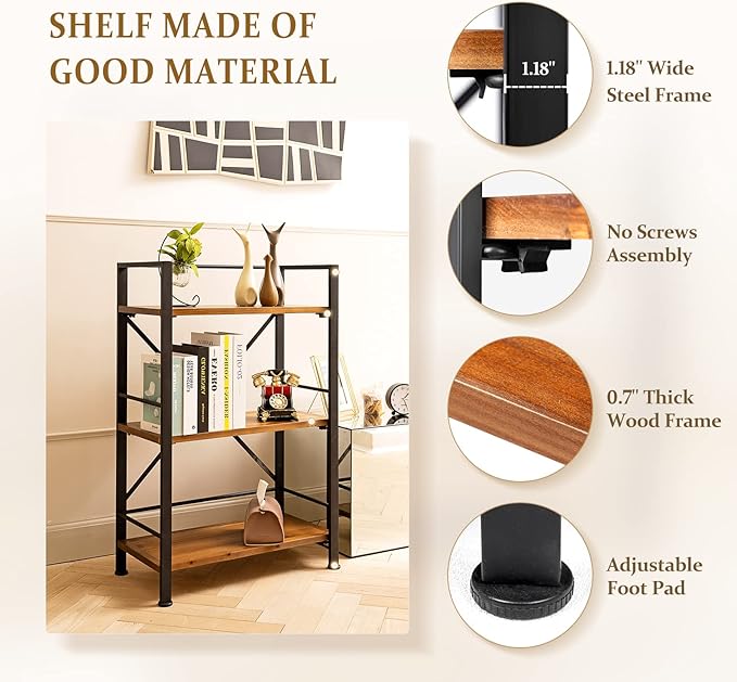 Crofy Rustic Bookshelf, 3 Tier Real Wood Bookshelf, Metal Book Shelf - Image 4