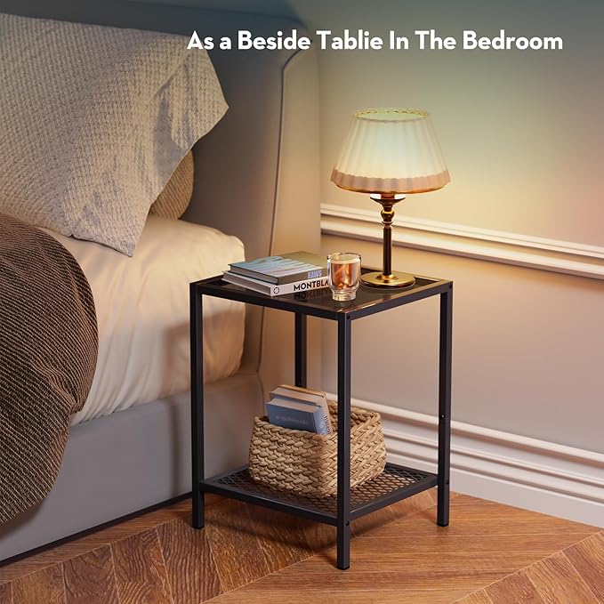 SAYGOER Black Side Table Small Glass End Table 2-Tier Narrow Square Bed Side - Image 7