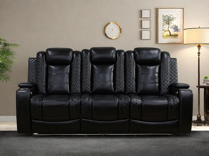 Leather Recliner Sofa Couch, 3-Seater Home Theater Seating Reclining Sofa by FONTOI