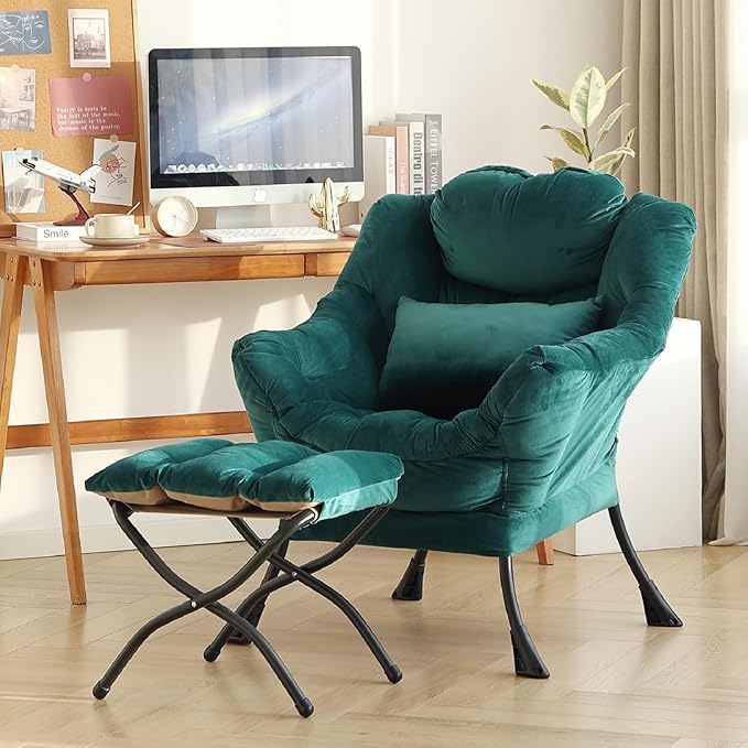 Lazy Chair with Ottoman, Modern Accent Chair with Lumbar Pillow, Comfy Chairs by DreamNookCozyLivingThoughtfulDesign