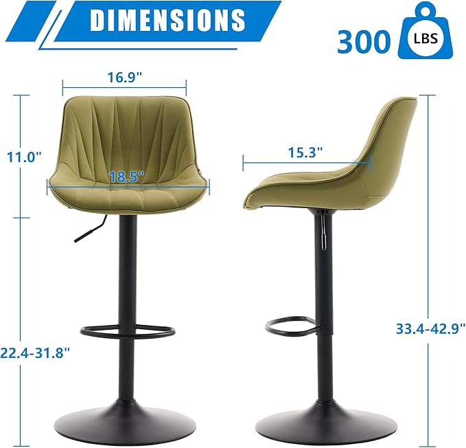 YOUNIKE Bar Stools Set of 2 for Kitchen Island, Grass Green Faux Leather Padded - Image 2
