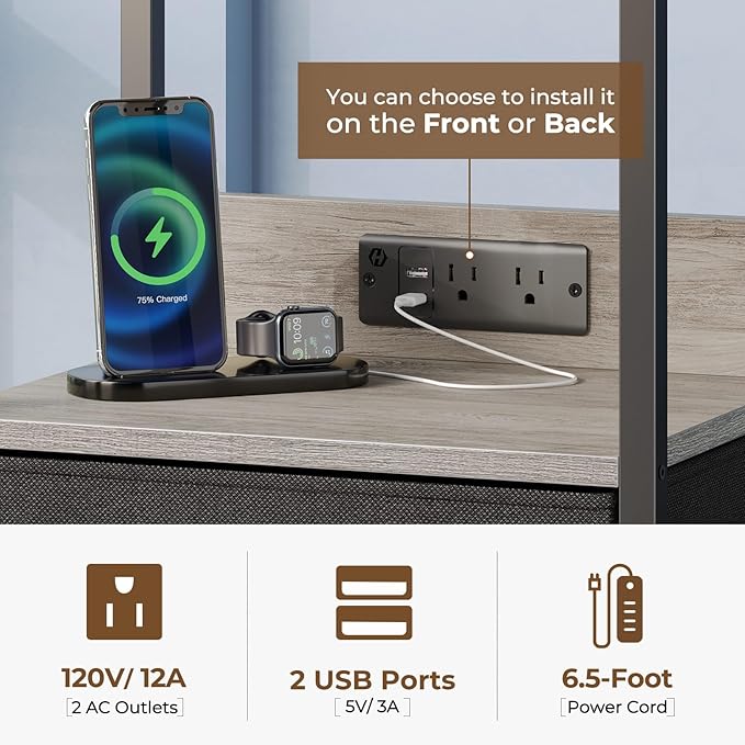 Seventable Nightstand with Charging Station and LED Light, Bedside End Table - Image 7