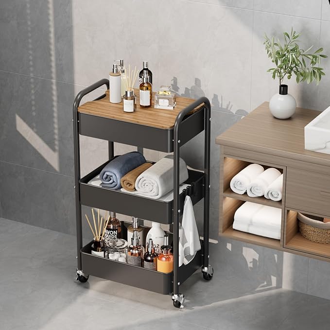 3 Tier Rolling Cart with Table top, Metal Utility Cart, Sturdy Storage - Image 7