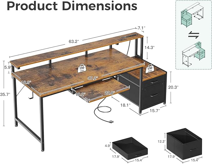 AODK Computer Desk with Drawers and Keyboard Tray, Reversible Study Work Desk - Image 3