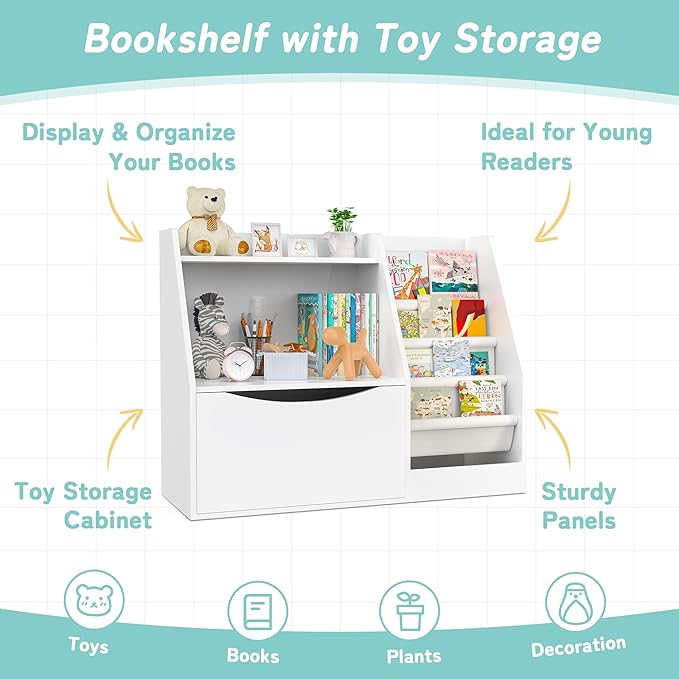 TOETOL 2 Tier Kids Bookshelf and Book Storage，4 Sling Toddler Bookshelf - Image 8