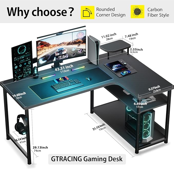 GTRACING L Shaped Gaming Desk, Carbon Fiber Style Computer Desk Compatible - Image 5