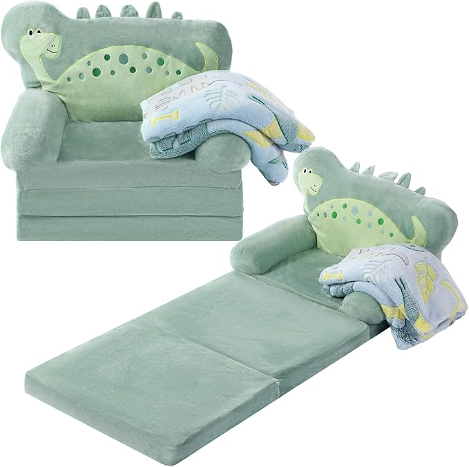 Dinosaur Kids Couch Fold Out 2-in-1 Toddler Sofa Fold Out by Burbell