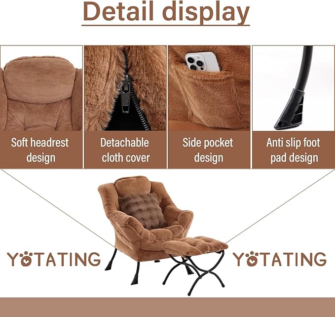 Lazy Chair with Ottoman, Comfy Reading Chair with Footstool & Throw Pillow - Image 4
