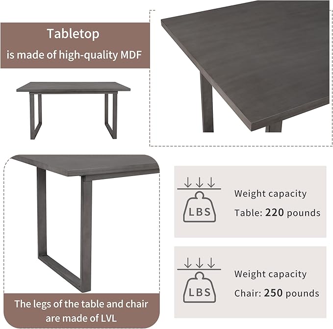 6 Pieces Dining Table Set with 60" Rectangle Kitchen Desk, Wooden Living Room - Image 6