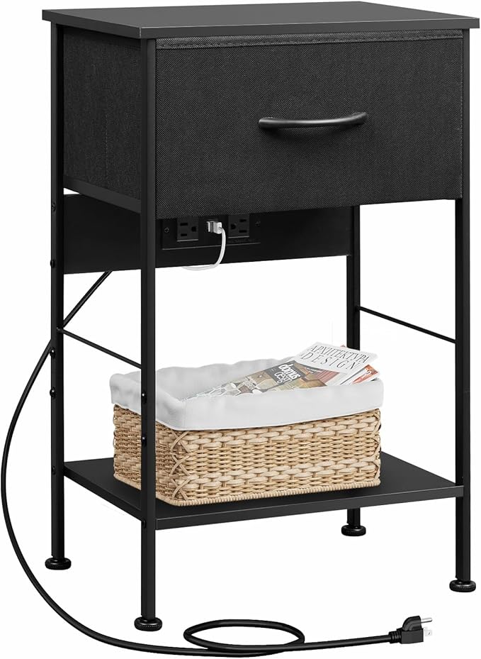 WLIVE Night Stand with Charger Station, Small Nightstand with 1 Fabric Drawer by WLIVE