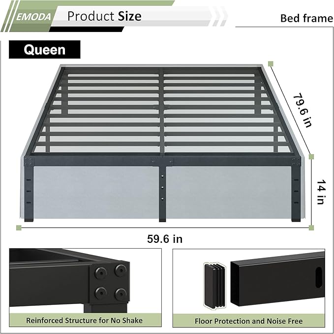 EMODA Queen Bed Frame with Cover No Box Spring Needed, 14 Inch Heavy Duty Metal - Image 2