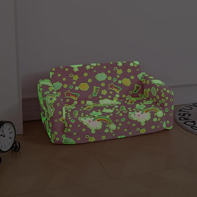 Foldable Kids Sofa Extra Wide for 2 Seats, Soft Kids Fold Out Couch Glow in The - Image 2