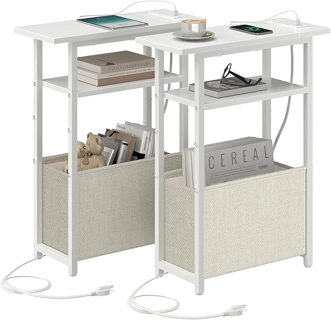 Narrow Side Table with Charging Station Set of 2, Small End Table by Unknown
