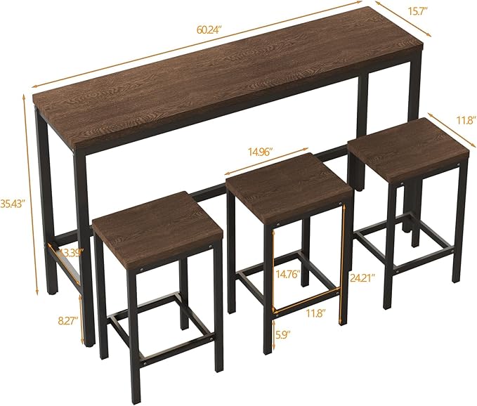 KEIKI 60.24” Long Bar High Top Dining Table and 3 Stools Chairs Set, Wood - Image 2