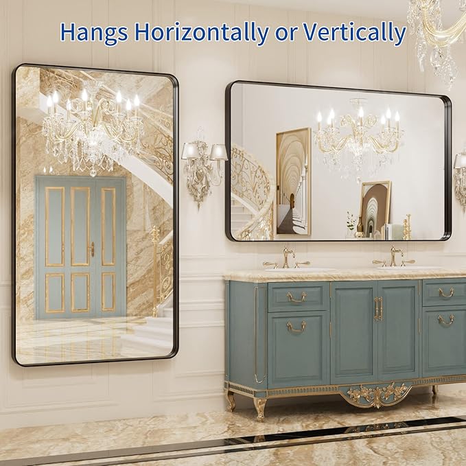 WEER 50X30 Inch Black Metal Framed Bathroom Mirror, Rounded Rectangular Matte - Image 5