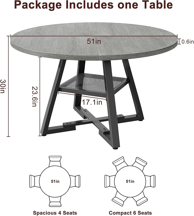 51" Round Dining Table for 6, Kitchen Dining Room Circle Dinner Pedestal Table - Image 2