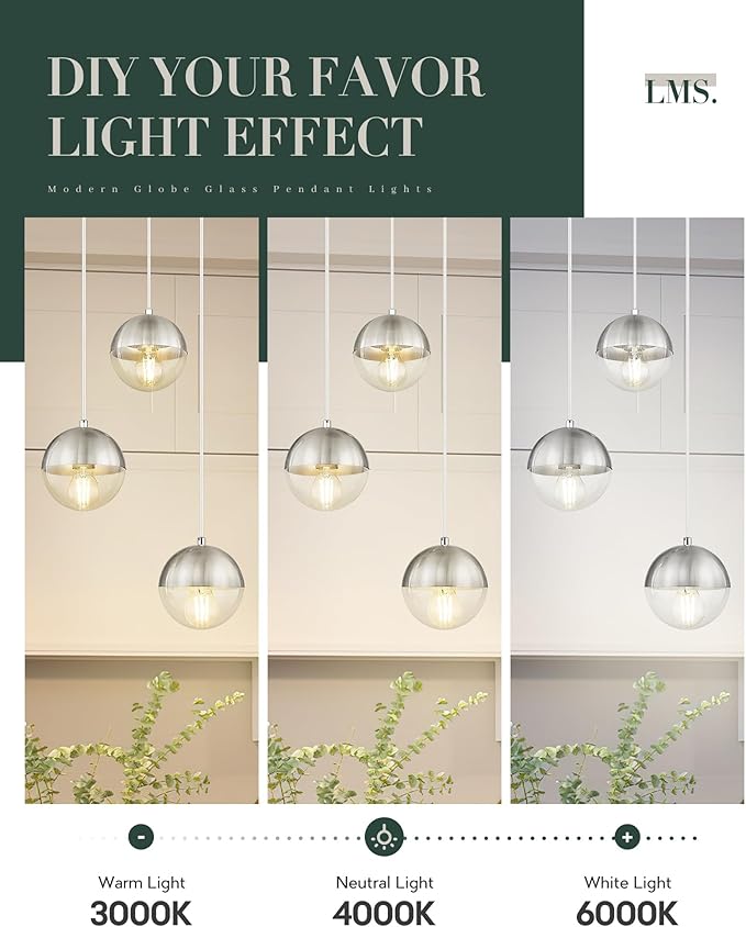 LMS Modern Brushed Nickel 3-Light Cluster Pendant Lights, Mid Century Pendant - Image 9