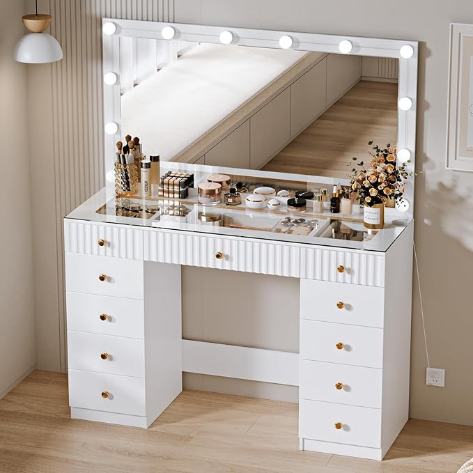 Fluted Makeup Vanity Desk with 46" HD Lighted Mirror, Big Modern Vanity Desk - Image 8