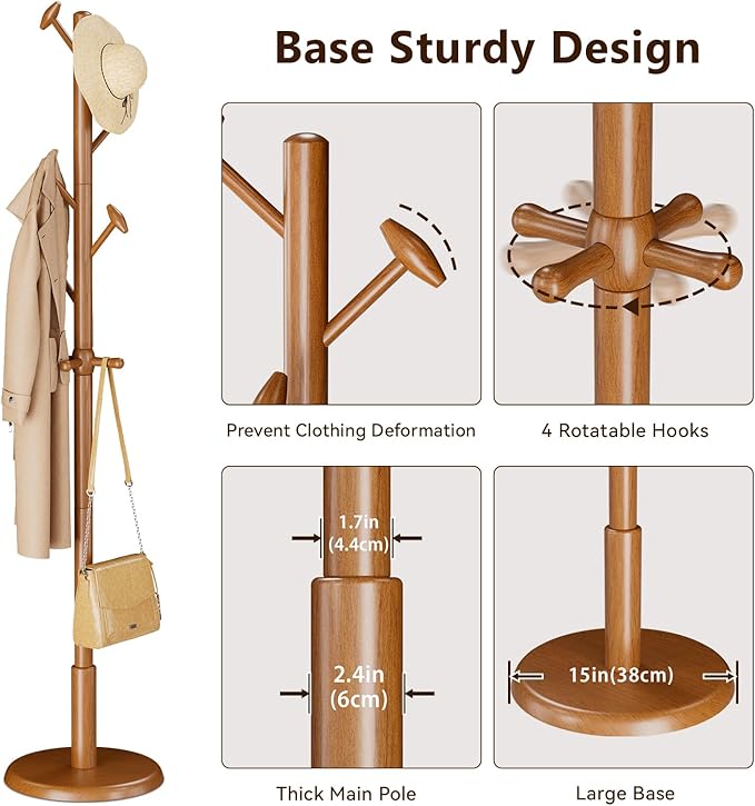 Solid Wood Coat Rack Freestanding Coat Tree - Image 4