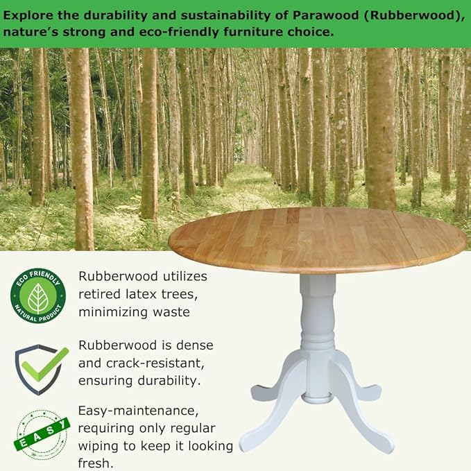 42" Round Dual Drop Leaf Pedestal Dining Table, Solid Wood, Easy Assembly - Image 3