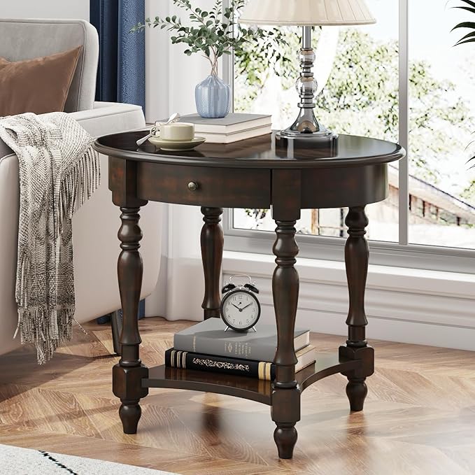 MODERION Oval End Table with Drawer, Solid Wood Sofa Side Table with Storage by MODERION-YourHomeSoulMate