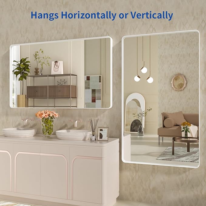 WEER White Bathroom Mirror 55X30 Inch, Rounded Rectangle White Metal Frame - Image 5