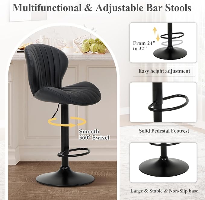 COLAMY Bar Stools Set of 4, Modern Swivel Bar Chairs, Adjustable Faux Leather - Image 4