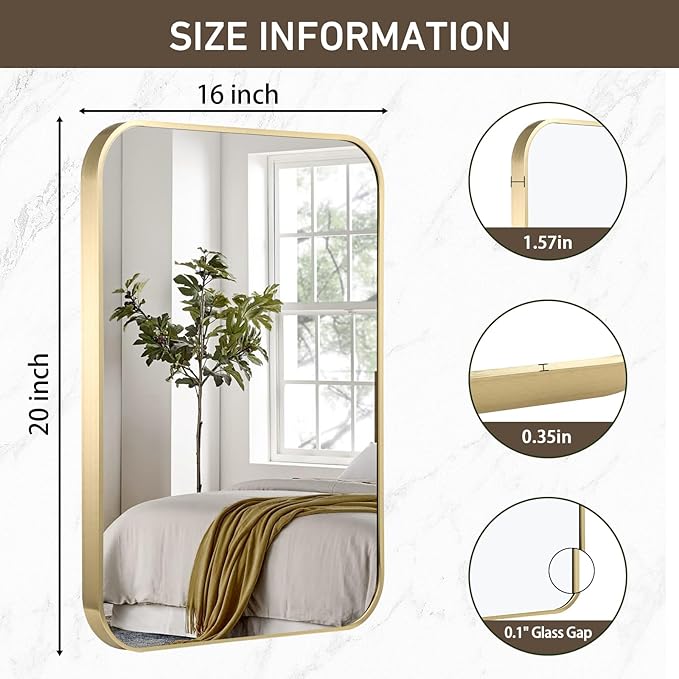 Gold Bathroom Mirror, 16x20 Inch Brushed Gold Aluminum Alloy Framed Rectangle - Image 6