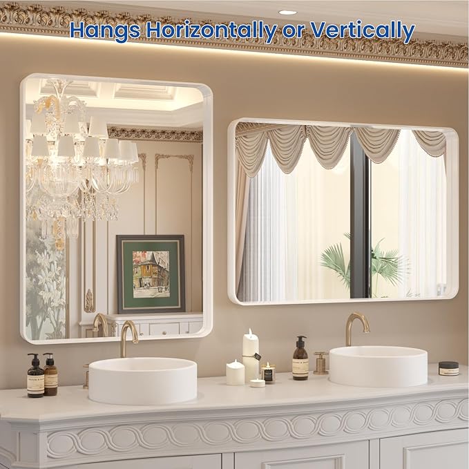 WEER White Bathroom Mirror 20X30 Inch, Rounded Rectangle White Metal Frame - Image 5