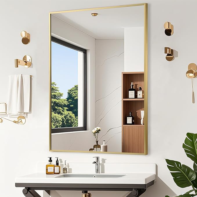 Gold Bathroom Mirror, Brushed Gold Mirror, Metal Frame Square Corner Vanity by JENBELY