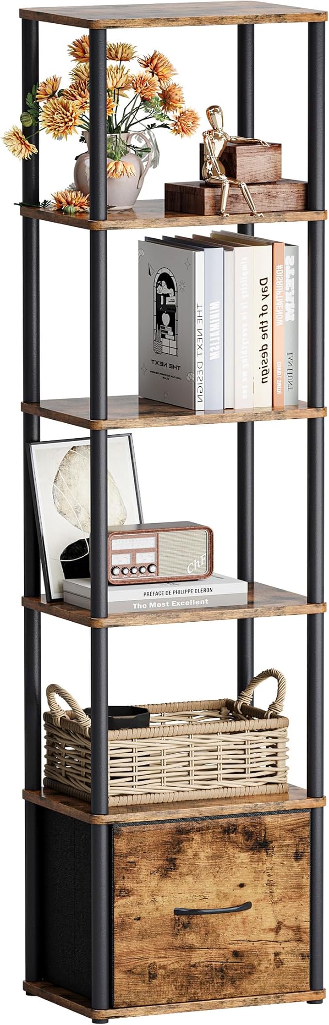 6-Tier Bookshelf with Drawer, Narrow Bookshelves Organizer, Floor Standing by Unknown