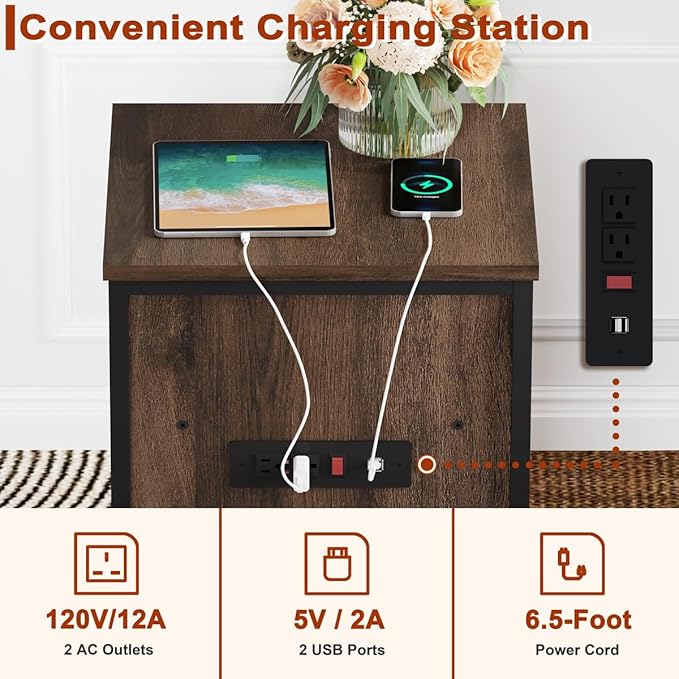 FATORRI End Table with Charging Station, Farmhouse Side Table with Drawer - Image 3