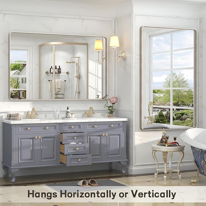 40x32 Inch Brushed Nickel Bathroom Mirror, Brushed Silver Metal Framed Wall - Image 5
