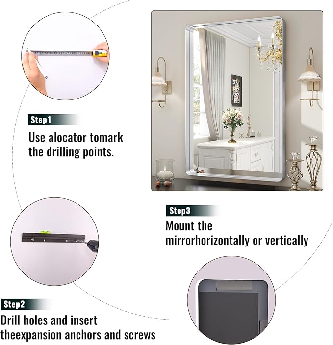 Silver Bathroom Mirror for Wall, 36x24 Inch Rectangular Aluminum Alloy Framed - Image 7
