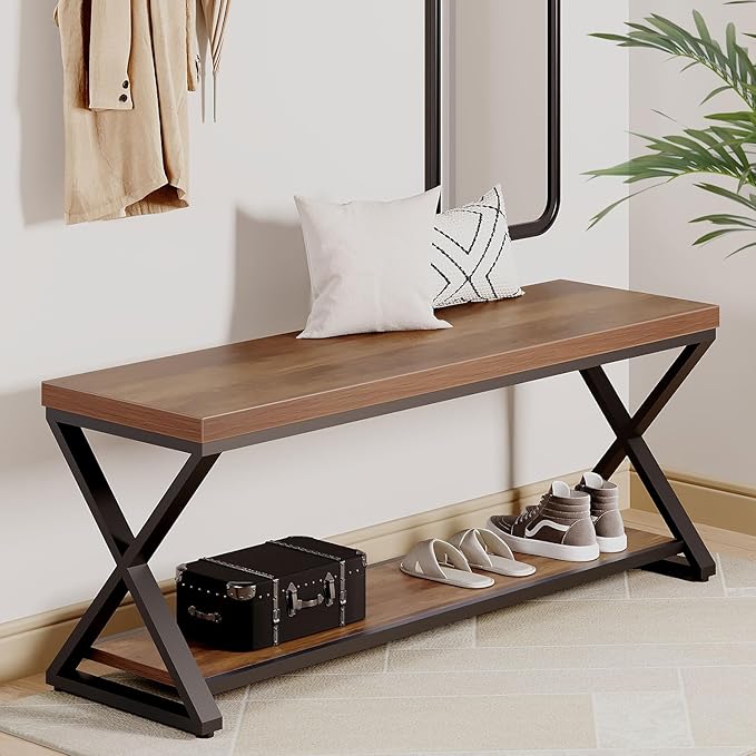 IBF Wood Entryway Bench, Wooden and Metal Bedroom Indoor Bench, Industrial Shoe - Image 3
