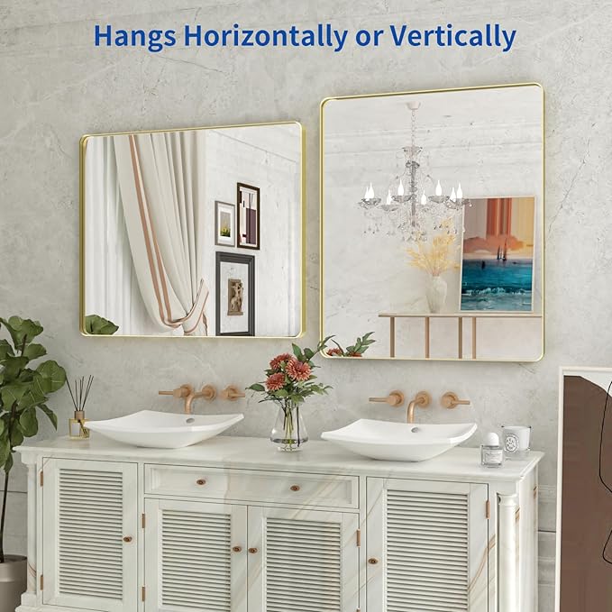 WEER Gold Bathroom Mirror, 36X30 Inch Brushed Gold Metal Frame Mirror, Rounded - Image 5