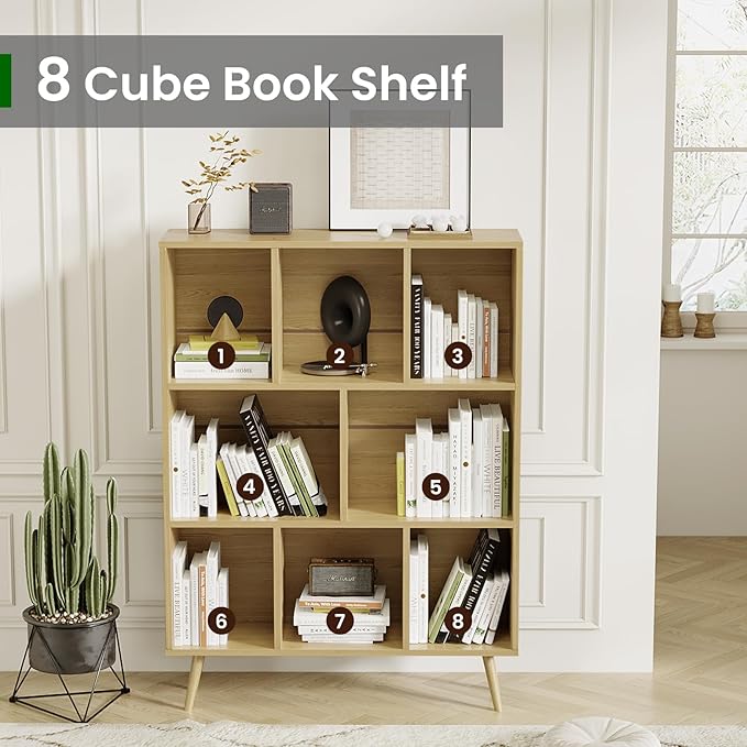 Bookshelf, 3-Tier 8 Cube Open Wooden Book Shelf - Image 4