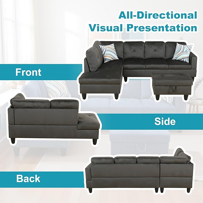 L Shaped Couch Modern Sectional Couch Upholstered Flannel Fabric 3 Pieces Sofas - Image 6